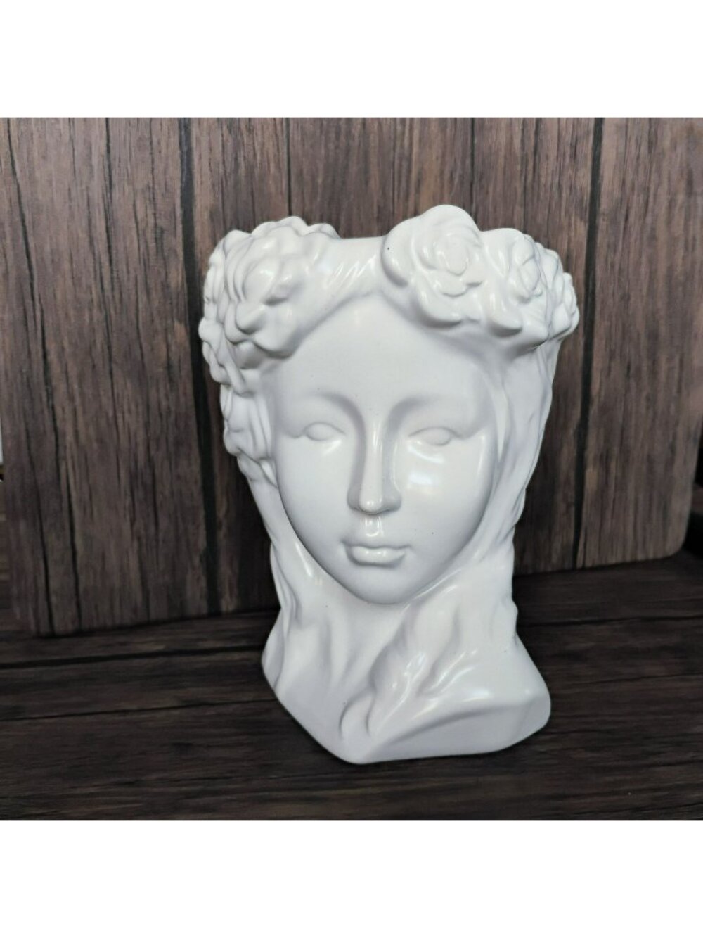 White Ceramic Goddess Bust Lady Head Vase Planter 8", Grecian Female Flower Pot